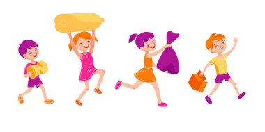 Children carry garbage for recycling. Vector illustration in flat cartoon.Isolated on a white background.