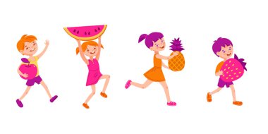 Children with fruits and berries. Vector illustration in flat cartoon. Isolated on a white background.