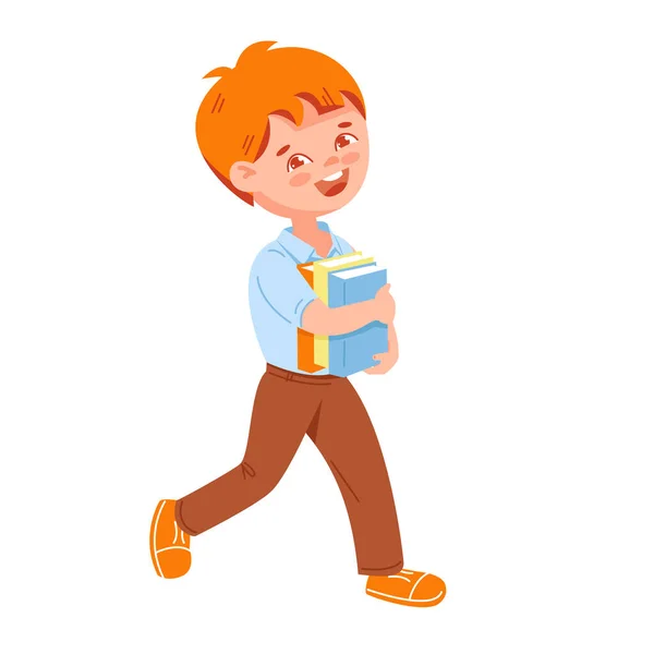 少年の生徒は本を持って行く 学校の時間だ フラット漫画のベクトルイラスト 白い背景に隔離された — ストックベクタ