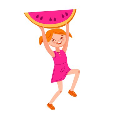 Bir dilim karpuzla küçük bir kız. Çizgi filmdeki vektör çizimi. Beyaz bir arkaplanda izole edilmiş.
