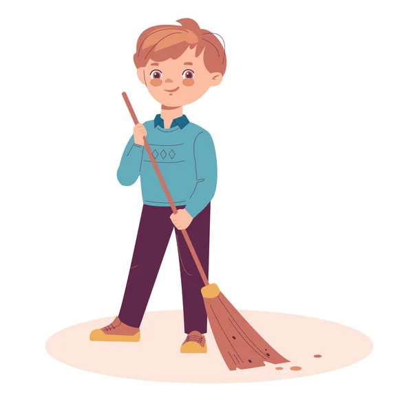 Little Boy Sweeping Trash Vector Illustration Flat Cartoon Isolated White — Stock Vector