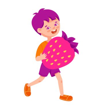 Çilekli küçük çocuk. Çizgi film tarzında vektör illüstrasyonu.