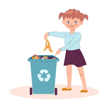 Küçük kız çöp kutusuna çöp atıyor. Çöp geri dönüşümü doğa temizliği konsepti. Çizgi film tarzında vektör illüstrasyonu. Beyaz bir arkaplanda izole edilmiş.