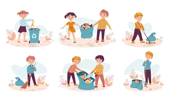 Kinderen verzamelen afval in zakken en gooien afval in de vuilnisbak. Kinderen reinigen de natuur, recyclen afval. Vector illustratie in platte cartoon stijl. Geïsoleerd op een witte achtergrond. — Stockvector