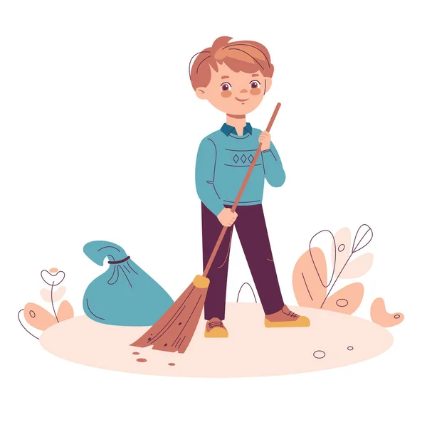 Un ragazzino che spazza la spazzatura. Illustrazione vettoriale in stile fumetto piatto. Isolato su sfondo bianco. — Vettoriale Stock