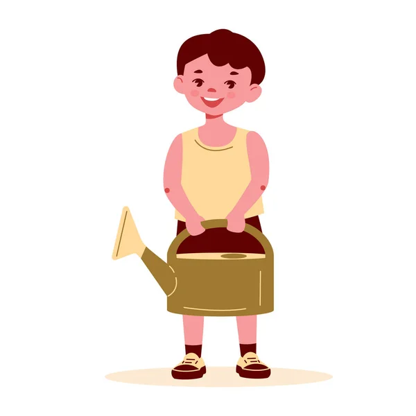 Little boy with a watering can. Vector illustration in flat cartoon style. Isolated on a white background. — Stock Vector