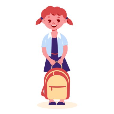 Sırt çantalı bir kız öğrenci ayakta duruyor. Çizgi filmdeki vektör çizimi. Beyaz bir arkaplanda izole edilmiş.