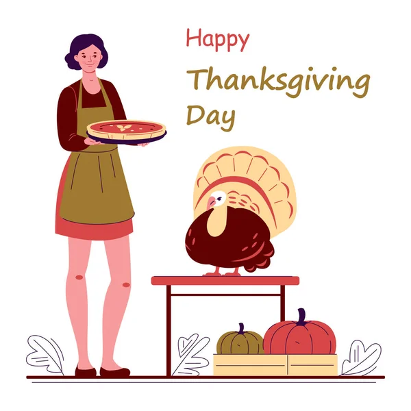 Young woman with a harvest of vegetables, pumpkins, turkey. Happy Thanksgiving. Vector illustration in flat cartoon style. — Stock Vector