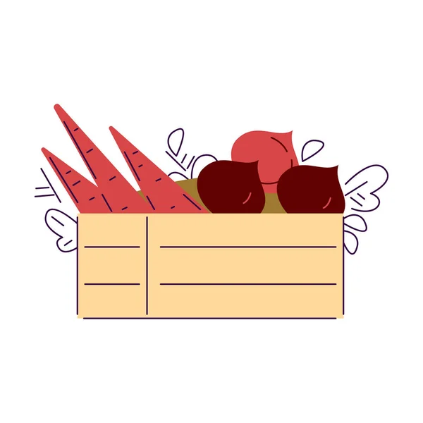 Wooden box with vegetables. Beets, carrots. Vector illustration. Isolated on a white background. — Stock Vector