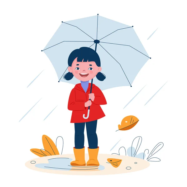 Χαριτωμένο κοριτσάκι με ομπρέλα σε λαστιχένιες μπότες στη βροχή. Εικονογράφηση διάνυσμα σε στυλ κινουμένων σχεδίων. — Διανυσματικό Αρχείο