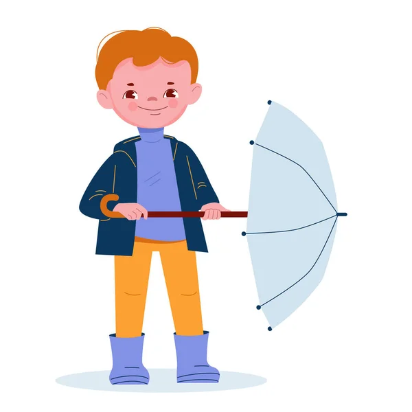 Cute little boy with an umbrella in rubber boots. Vector illustration in cartoon style. — Stock Vector