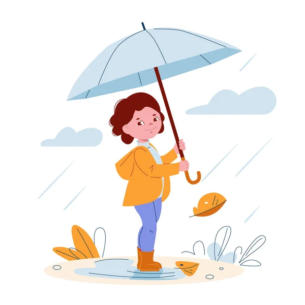 Cute little girl with an umbrella in rubber boots in the rain. Vector illustration in cartoon style. — Stock Vector