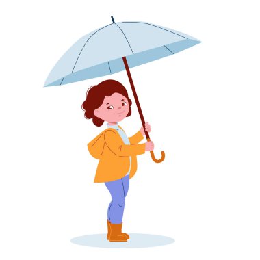 Lastik çizmeli şemsiyeli şirin bir kız. Çizgi film tarzında vektör illüstrasyonu.