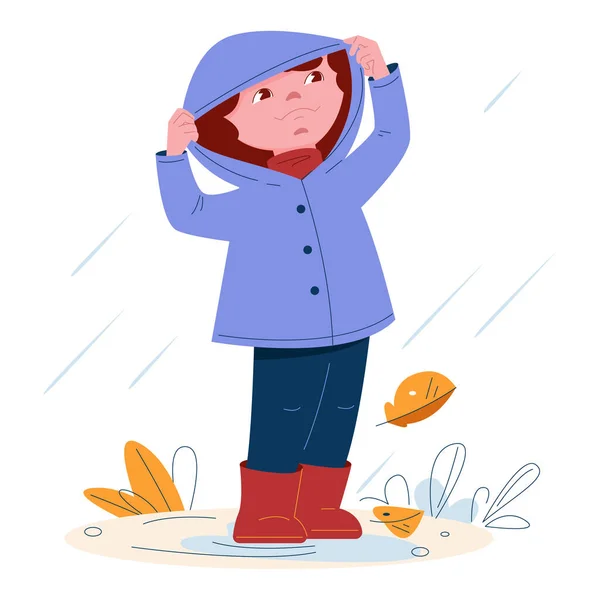 Cute little girl in a raincoat with a hood in rubber boots in the rain. Vector illustration in cartoon style. — Stock Vector