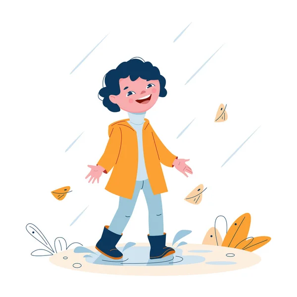 Cute little girl in a raincoat in rubber boots in the rain. Vector illustration in cartoon style. — Stock Vector