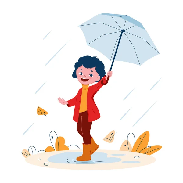 Menina bonito com um guarda-chuva em botas de borracha na chuva. Ilustração vetorial em estilo cartoon. —  Vetores de Stock