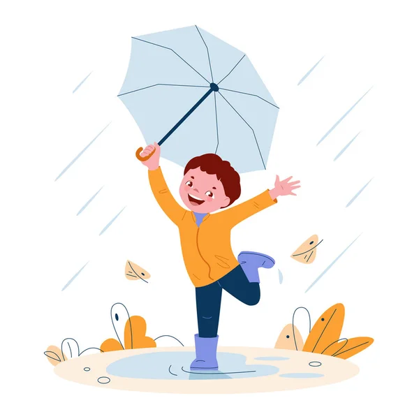 Cute little boy with umbrella in rubber boots. Windy weather autumn leaves. Vector illustration in cartoon style. — Stock Vector