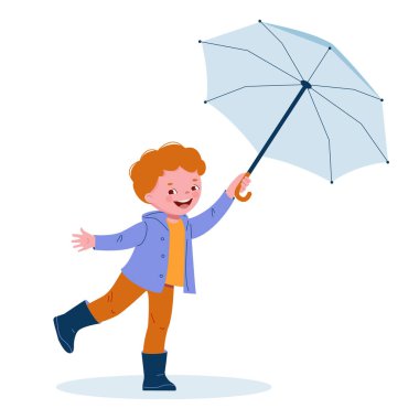 Lastik çizmeli şemsiyeli şirin bir çocuk. Çizgi film tarzında vektör illüstrasyonu.