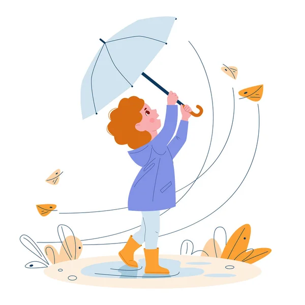 Cute little girl with umbrella in rubber boots. Windy weather autumn leaves. Vector illustration in cartoon style. — Stock Vector