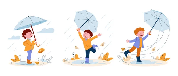 Cute Smiling Kids Umbrellas Rubber Boots Rain Set Vector Illustrations — Stock Vector