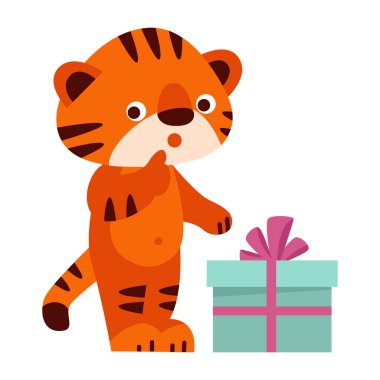 Hediye kutusu olan şirin bir kaplan. Çizgi film tarzında vektör illüstrasyonu. Bir beyazda izole edilmiş..