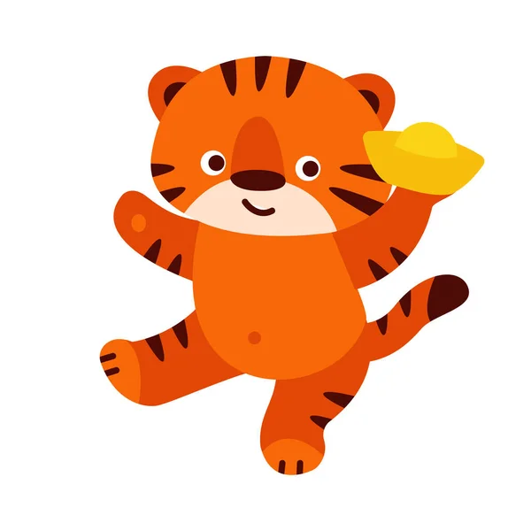 Pequeno Tigre Bonito Com Lingote Dourado Ilustração Vetorial Estilo Cartoon — Vetor de Stock