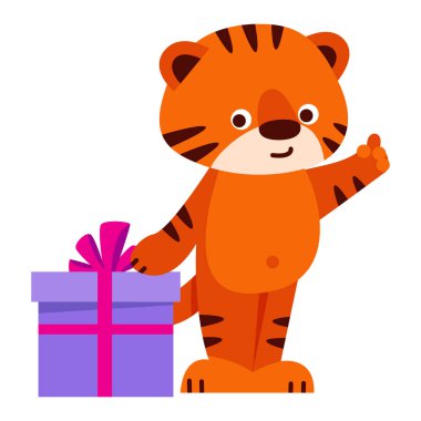 Hediye kutusu olan şirin bir kaplan. Çizgi film tarzında vektör illüstrasyonu. Beyaz bir arkaplanda izole edilmiş.