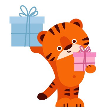 Hediye kutuları olan şirin bir kaplan. Çizgi film tarzında vektör illüstrasyonu. Beyaz bir arkaplanda izole edilmiş.