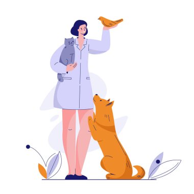 Kedi köpek kuşu besleyen doktor veteriner. Düz biçimli vektör illüstrasyonu.