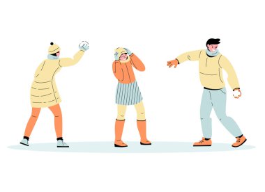Genç erkekler ve kızlar kartopu oynarlar. Eğlenceli kış oyunları. Çizgi film tarzında vektör çizimleri kümesi.