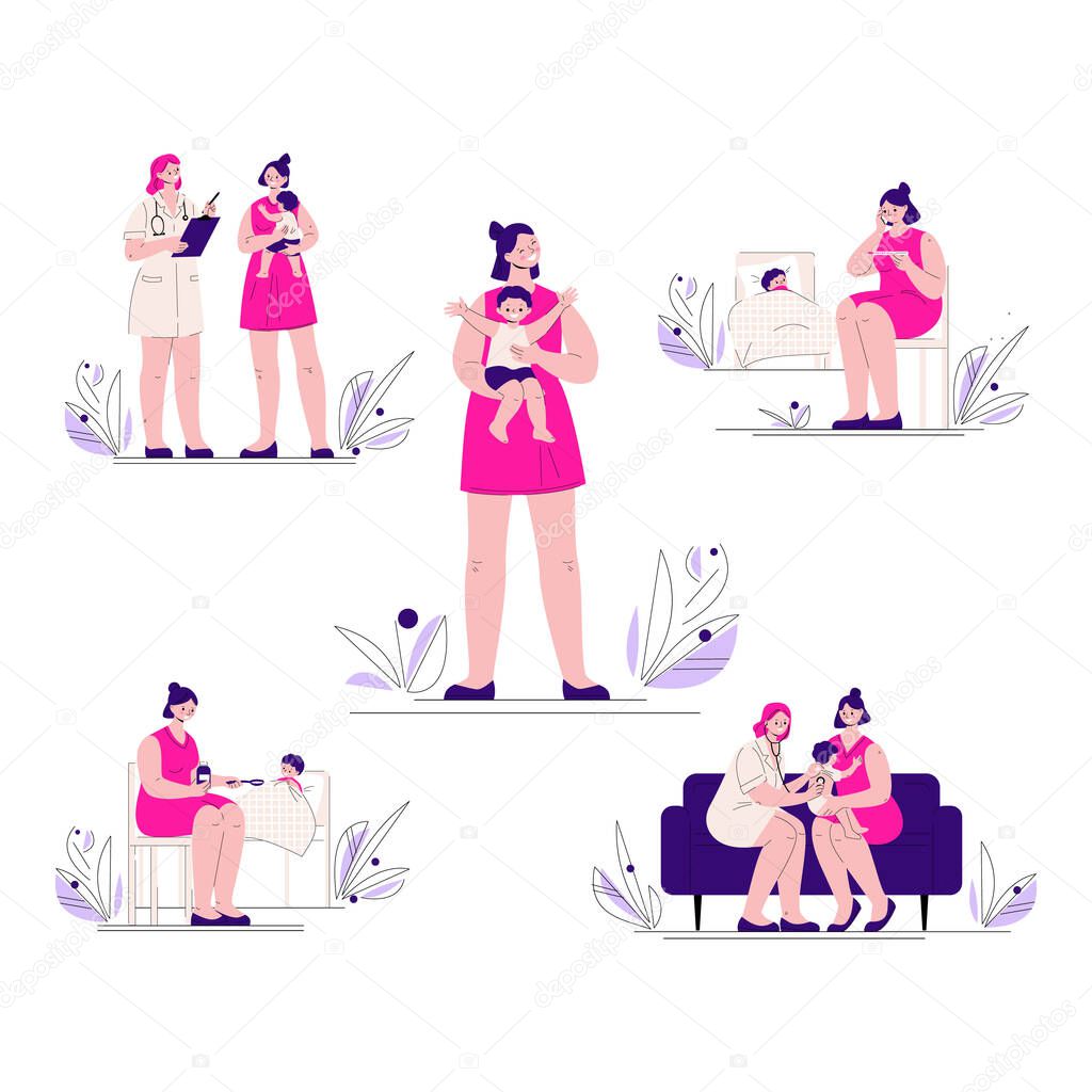 The child is ill the mother calls the pediatrician doctor. Care, treatment of a sick kid. Set of vector illustrations in flat style.