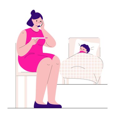 Çocuk yüksek ateşi olan bir hasta. Anne termometreye bakar ve doktoru arar. Düz biçimli vektör illüstrasyonu.