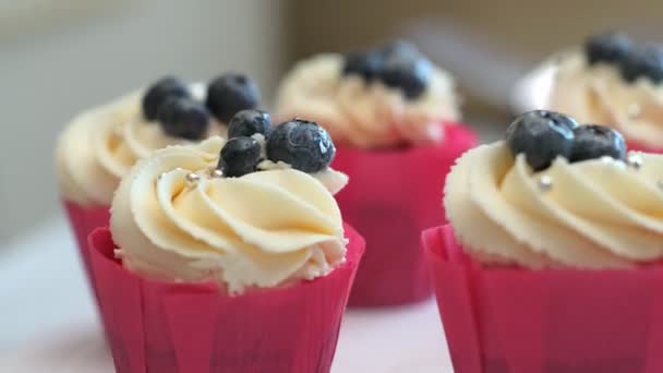 Close-up, deliciosos cupcakes com chantilly doce, decorado com mirtilos frescos são snubed em uma bandeja, sobremesa festiva — Vídeo de Stock