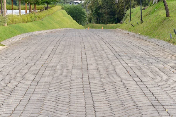 Stenen Pad Stoep Met Perspectief Dat Verte Gaat Met Zonnestralen — Stockfoto