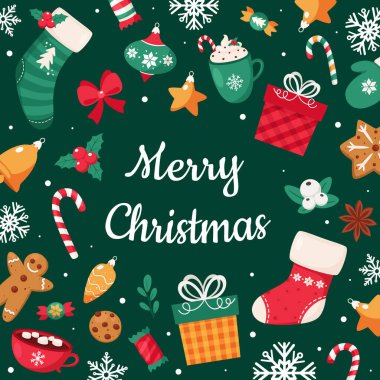 Mutlu noel kartları. Noel elemanları koleksiyonu. Vektör illüstrasyonu.