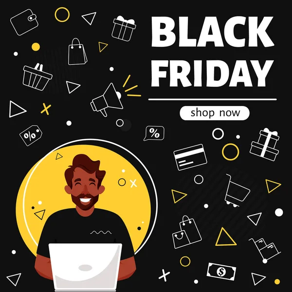 Black Friday Banner Black Man Doing Online Shopping Vector Illustration — Stock Vector