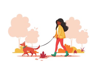 Sonbaharda siyahi bir kadın köpekle yürüyor. Açık hava aktivitesi konsepti. Vektör illüstrasyonu.