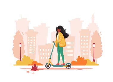 Sonbaharda elektrikli scooter kullanan siyah bir kadın. Eko taşıma konsepti. Vektör illüstrasyonu.