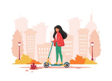 Elektrikli scooter kullanan bir kadın. Eko taşıma konsepti. Vektör illüstrasyonu