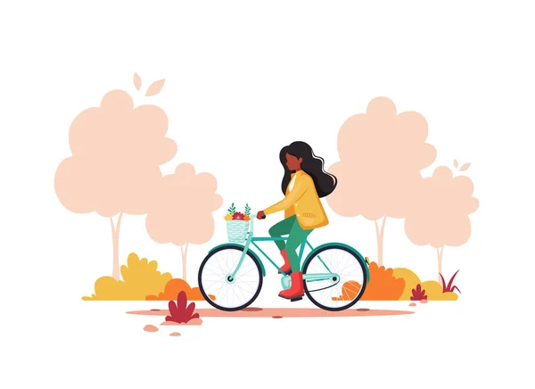 Black Woman Riding Bike Autumn Park Healthy Lifestyle Sport Outdoor — Stock Vector