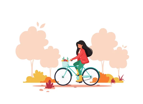 秋天公园里骑自行车的女人 健康的生活方式 户外活动的概念 矢量说明 — 图库矢量图片