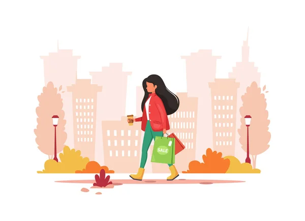 Mujer Compras Ciudad Con Café Estilo Vida Urbano Ilustración Vectorial — Archivo Imágenes Vectoriales