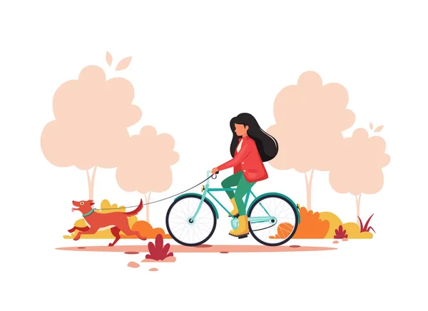 Mujer Bicicleta Con Perro Parque Otoño Vida Sana Concepto Actividad — Vector de stock