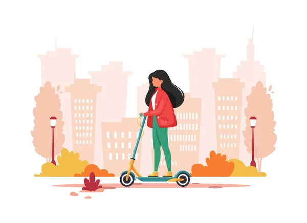 Mujer Montando Scooter Patada Eléctrica Concepto Transporte Ecológico Ilustración Vectorial — Archivo Imágenes Vectoriales