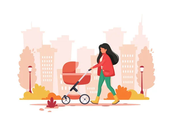 Mujer Caminando Con Carro Bebé Otoño Actividad Aire Libre Ilustración — Vector de stock