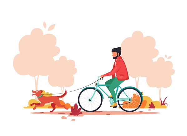 Uomo Bicicletta Con Cane Nel Parco Autunnale Stile Vita Sano — Vettoriale Stock