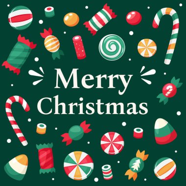 Mutlu noel kartları. Noel şekeri koleksiyonu. Vektör illüstrasyonu.