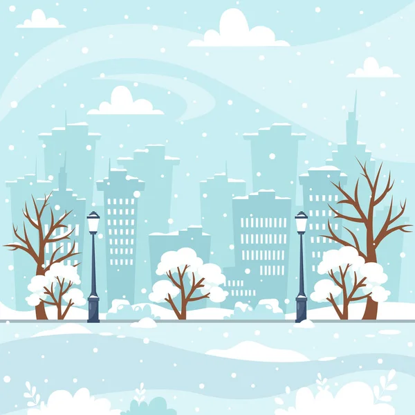 Snowy Winter Cityscape Trees Buildings Park Vector Illustration Flat Style — Stock Vector