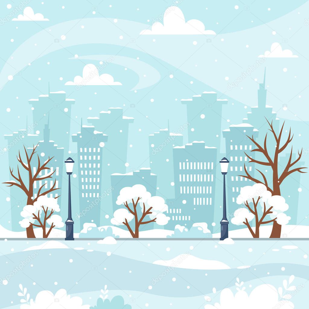 Snowy winter cityscape with trees, buildings, park.  Vector illustration in flat style.