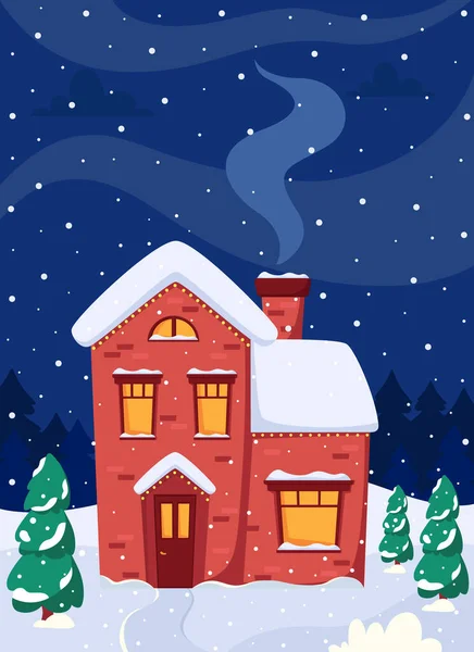 Paesaggio Invernale Con Casa Abeti Luna Illustrazione Vettoriale — Vettoriale Stock
